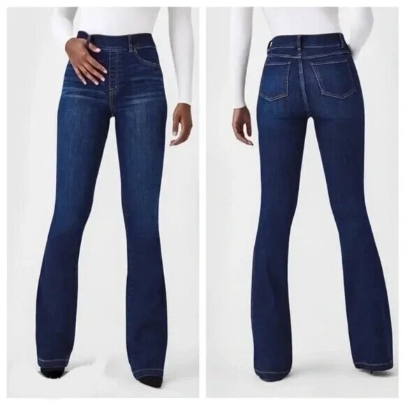 Spanx Wide Leg Pull On Women Jeans Size 1X Tall Blue Distressed Cotton - Picture 1 of 15